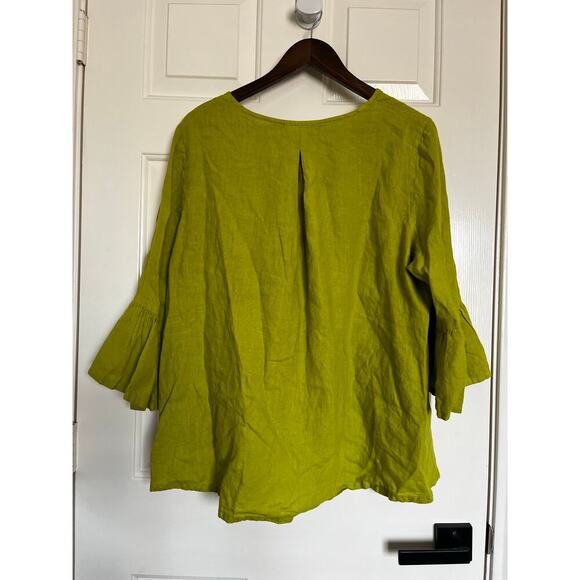 Bryn Walker Fran Light Linen Round Neck Bell Sleeve Ruffle Top Green Medium - Picture 3 of 7